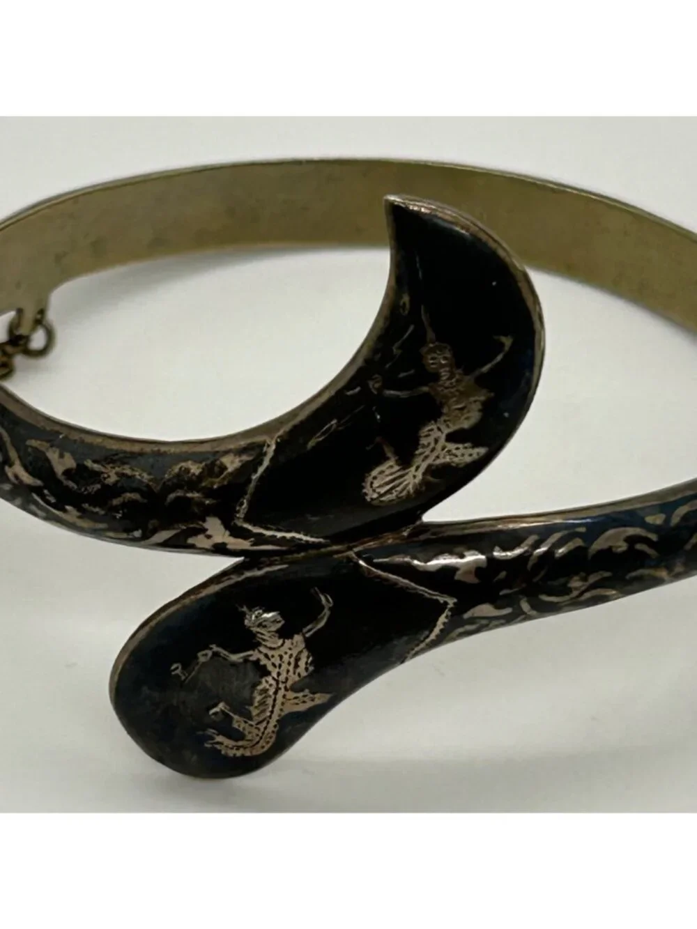 Vintage Siam Niello Bangle Bracelet Thai Black Enamel Hinged Chain Closure